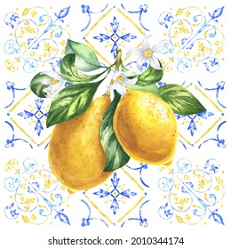 Mediterranean Ornament With Lemons, Square Tile. Watercolour Italian Design, Hand Drawn Illustration. 