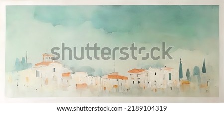 Mediterranean village. Watercolor painting of houses in Italy, Greece. South of europe beautiful sketch. Drawing of houses and trees. Pastel colors. 