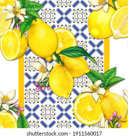 Mediterrraean lemon and tiles watercolor pattern