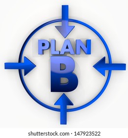 Medium blue  alternative strategy 3d graphic with metallic plan b label in focus point