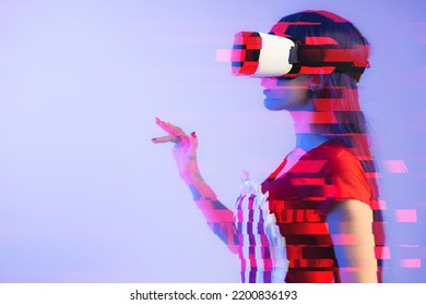 Medium illustration of a curious caucasian long-haired woman pointing with her fingers in the air as she plays a game via virtual reality glasses. Violet background. Glitch effect. High quality photo - Powered by Shutterstock