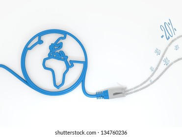 Medium Persian blue  -20 connection 3d graphic with sent discount symbol with network cable and world symbol