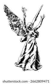 Medium shot of a dramatic angel statue with wings raised and cross on hand isolated in white background black and white graphic