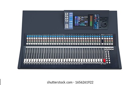 Medium-sized grey mixing console for Studio work and live performances on a white background. 3d rendering.
