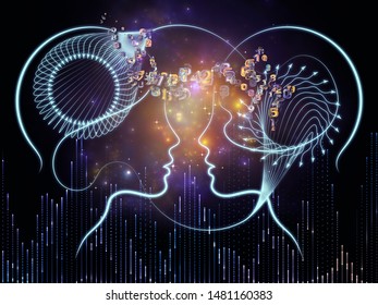 Meeting Of The Minds Series. Numbers, Human Silhouettes, Arrows And Abstract Elements On The Subject Of Collaborative Thinking, Brainstorming, Exchanging  Ideas, Teaching And Learning