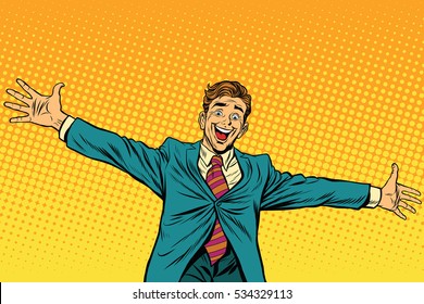 Meeting other happy people, pop art retro  illustration. Businessman widely placed arms for a hug