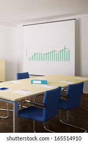 Meeting Room With Blue Chairs And Flip Chart In Background