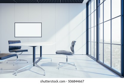 A Meeting Room In A Bright Contemporary Panoramic Office. With Empty Screen Tv On Wall. 3D Rendering