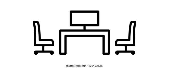 Meeting Room Icon With A Large Desk, Two Chairs And A Monitor