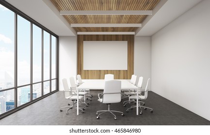 Meeting Room Interior In Modern Office. Whiteboard, Large Window, Table And Leather Chairs. Concept Of Business Talk. 3d Rendering. Mock Up. 