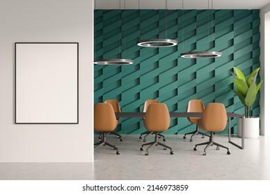 Meeting Room Interior With Yellow Chairs And Table, Light Concrete Floor. Modern Waiting Area With Plant And Lamps. Mockup Ad Before Entrance. 3D Rendering