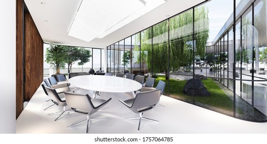 Meeting Room With A Large White Table And Black Leather Armchairs In A Green Office With Plenty Of Plants. Glass Transparent Office. 3D Rendering.