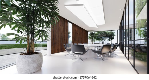 Tagungsraum mit einem großen weißen Tisch und schwarzen Ledersesseln in einem grünen Büro mit vielen Pflanzen. Glastransparentes Büro. 3D-Darstellung.