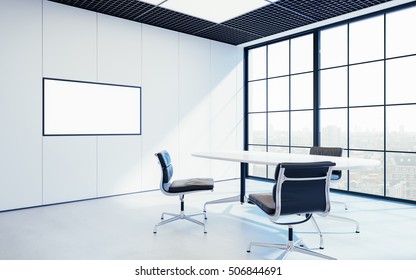 Meeting Room In Light Contemporary Panoramic Office. Modern Chairs. Empty Screen Tv On Wall. 3D Rendering