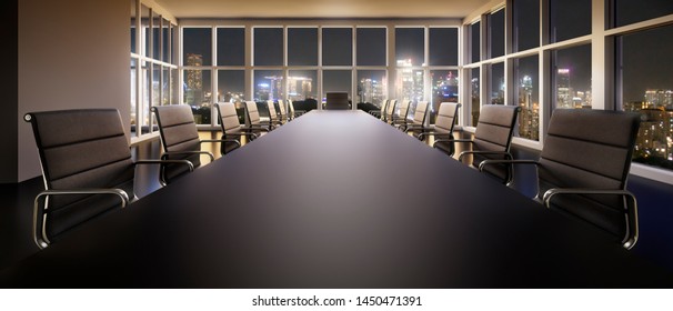 Meeting room at night in high-rise building with a view at the skyline - 3D illustration