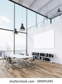 Meeting room for six, blank poster on wall. Panoramic window, city view. Loft. Concept of meeting. 3D rendering