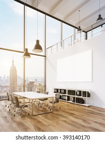 Meeting Room For Six, Blank Poster On Wall, Lamps Above. Panoramic Window, New York View. Loft. Filter, Toned. Concept Of Meeting. 3D Rendering