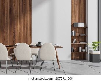 Meeting Room With Traditional Table Setting, Empty White Wall, Wood Materials, Beige Chairs, Indoor Plant And Grey Floor Tiles. Concept Of Modern Office Dining Room Design. 3d Rendering