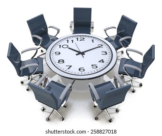 Meeting time - round table with a large clock face  - Powered by Shutterstock