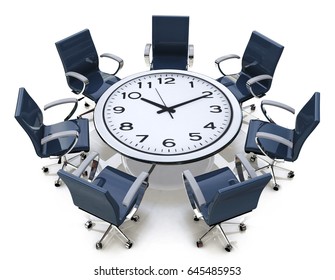 Meeting Time - Round Table With A Large Clock Face In The Design Of Information Related To Business. 3d Illustration