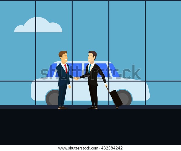 Meeting of two businessmen on the background of\
glass windows. Men shaking hands at a meeting. Man with luggage on\
wheels on a business trip. Blue car in the background. White cloud\
on the blue sky.