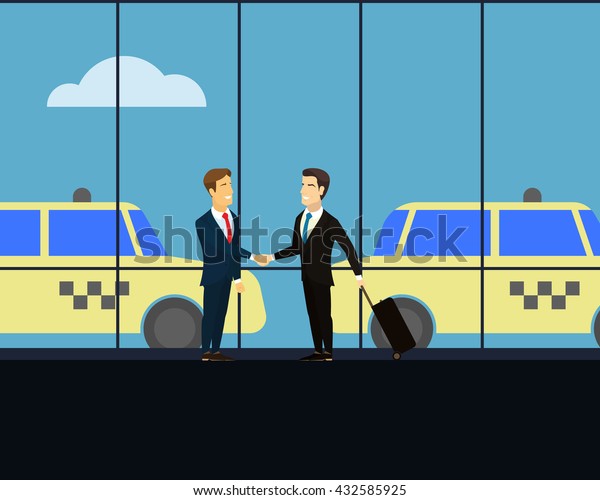 Meeting of two businessmen on the background of\
glass windows. Men shaking hands at a meeting. Man with luggage on\
wheels on a business trip. Two taxis on the background. White cloud\
on the blue sky.
