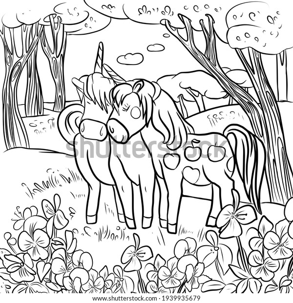 Meeting of two\
cute unicorns in a fairy forest with flowers, hand-drawn\
illustration, for coloring, for\
children