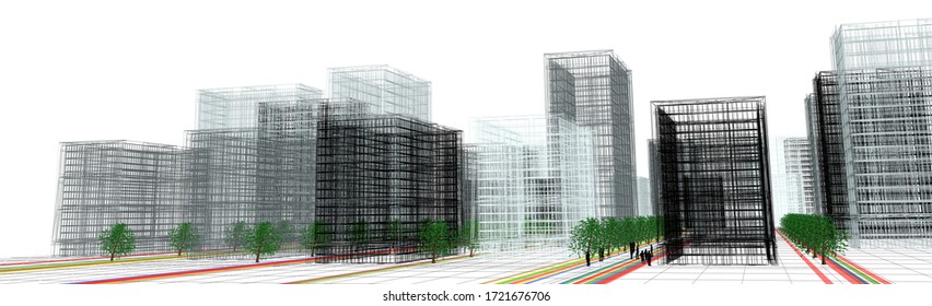 Mega city, wireframe technique, original 3d rendering