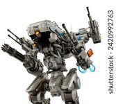 mega mech enforcer is standing up on cool bottom close up view, 3d illustration