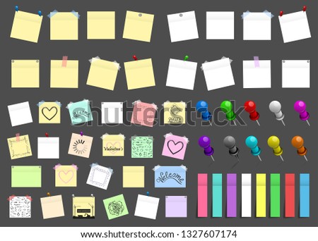 Mega pack of colored office paper stickers and metal pins with shadows isolated on grey background. Reminder tag elements mock up