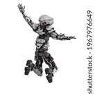 mega robot is happy and jumping in white background hear view, 3d illustration