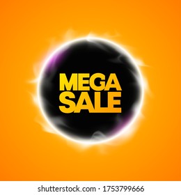 Mega Sale Banner. Circle Black Hole Portal Banner. Flyer Round Design Template With Glowing Neon Tube Circle Around Background. Flash Effect