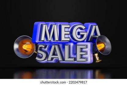 Mega Sale Banner Template Design With Megaphone On Dark Background 3d Render Concept For Shopping