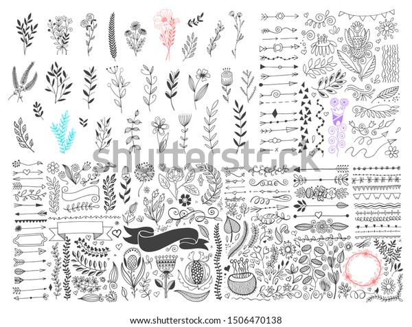 mega set of hand drawing page dividers borders
and arrow, doodle floral design elements, raster version
illustration big
collection
