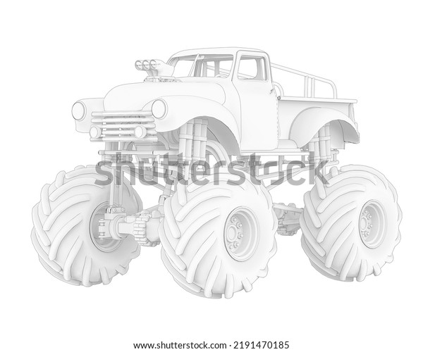 mega truck in cartoon out line cool side\
view, 3d\
illustration