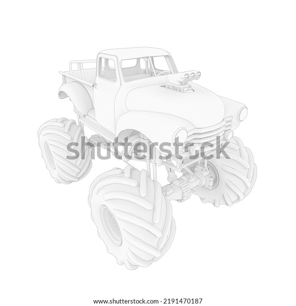 mega truck in cartoon out line on bottom top\
drone view, 3d\
illustration
