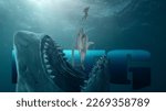 megalodon underwater extinct animal "3d illustration" shark and scuba diver
