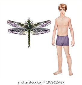 Meganeura - genus of extinct insects from the late Carboniferous, ancient dragonfly, size comparison with humans, isolated image on white background