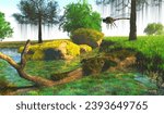 Meganeura Insect Swamp 3d illustration - Meganeura dragonflies hover around a pond during the Carboniferous Period.