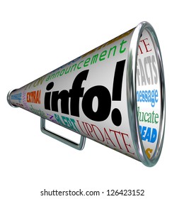 A Megaphone Or Bullhorn Featuring The Word Info And Many Other Words Related To Communication Such As Update, Alert, Message, News, Facts And More