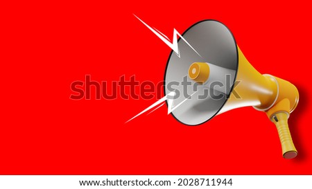 Megaphone with lightning on red background. Breaking news concept. Metaphor for urgent news reports. Rendering of yellow thunderphone. Place for news next to him. Propoganda symbol. 3d rendering