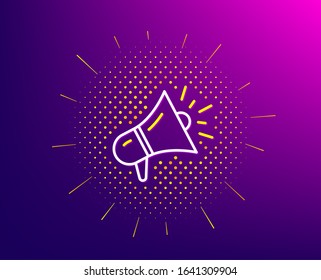 Megaphone line icon. Halftone pattern. Advertisement device symbol. Brand ambassador loudspeaker sign. Gradient background. Megaphone line icon. Yellow halftone pattern.