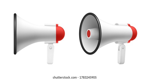 Megaphone speaker or loudspeaker bullhorn, realistic 3d illustration, mockup. Modern isolated megaphone loudhailer with microphone, red sound horn, handle, lifeguard alert, announcement speakerphone - Shutterstock ID 1783245905