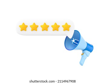 Megaphone And Speech Bubble With Five Gold Star Rating. Customer Review. Feedback Concept. Online Feedback Reputation Quality Customer Review, Business Concept For Apps And Websites. 3d Illustration