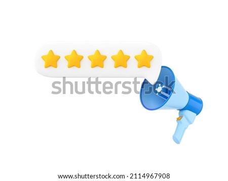 Megaphone and speech bubble with five gold star rating. Customer review. Feedback concept. Online feedback reputation quality customer review, business concept for apps and websites. 3d illustration