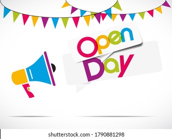 megaphone speech bubbles and party favors with the message "open day"