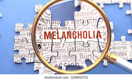 Melancholia as a complex and multipart topic under close inspection. Complexity shown as matching puzzle pieces defining dozens of vital ideas and concepts about Melancholia,3d illustration