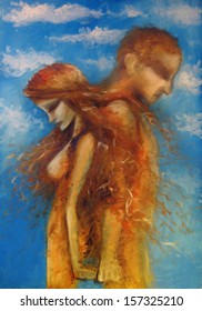 Melancholia. Painting Of Love Couple On Blue Sky Background