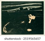 Melancholy III (1902) by Edvard Munch. Black and white expressionism painting by Edvard Munch. Vintage abstract woman art drawing illustration, expressionist painting illustration.