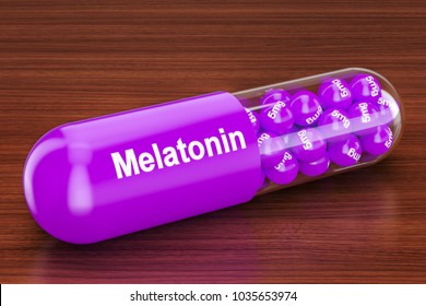 Melatonin Capsule On The Wooden Table. 3D Rendering